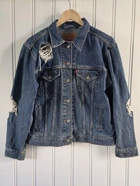 Levi's Distressed Torn Denim Blue Jean Trucker Jacket Womens Medium